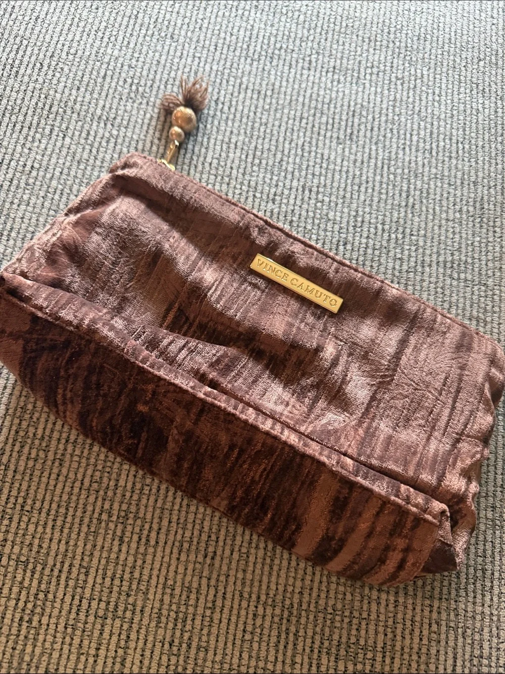 Vince Camuto Brown Velvet Textured Cosmetic Case Beaded Tassel Inside Zip Pocket